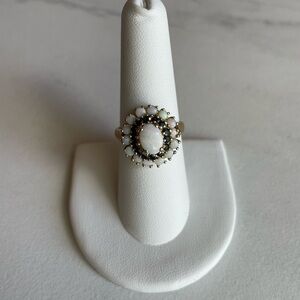 Opal Halo Cluster Cocktail Ring Blue Sapphire Vintage Size 7.5 8 Fessenden 925